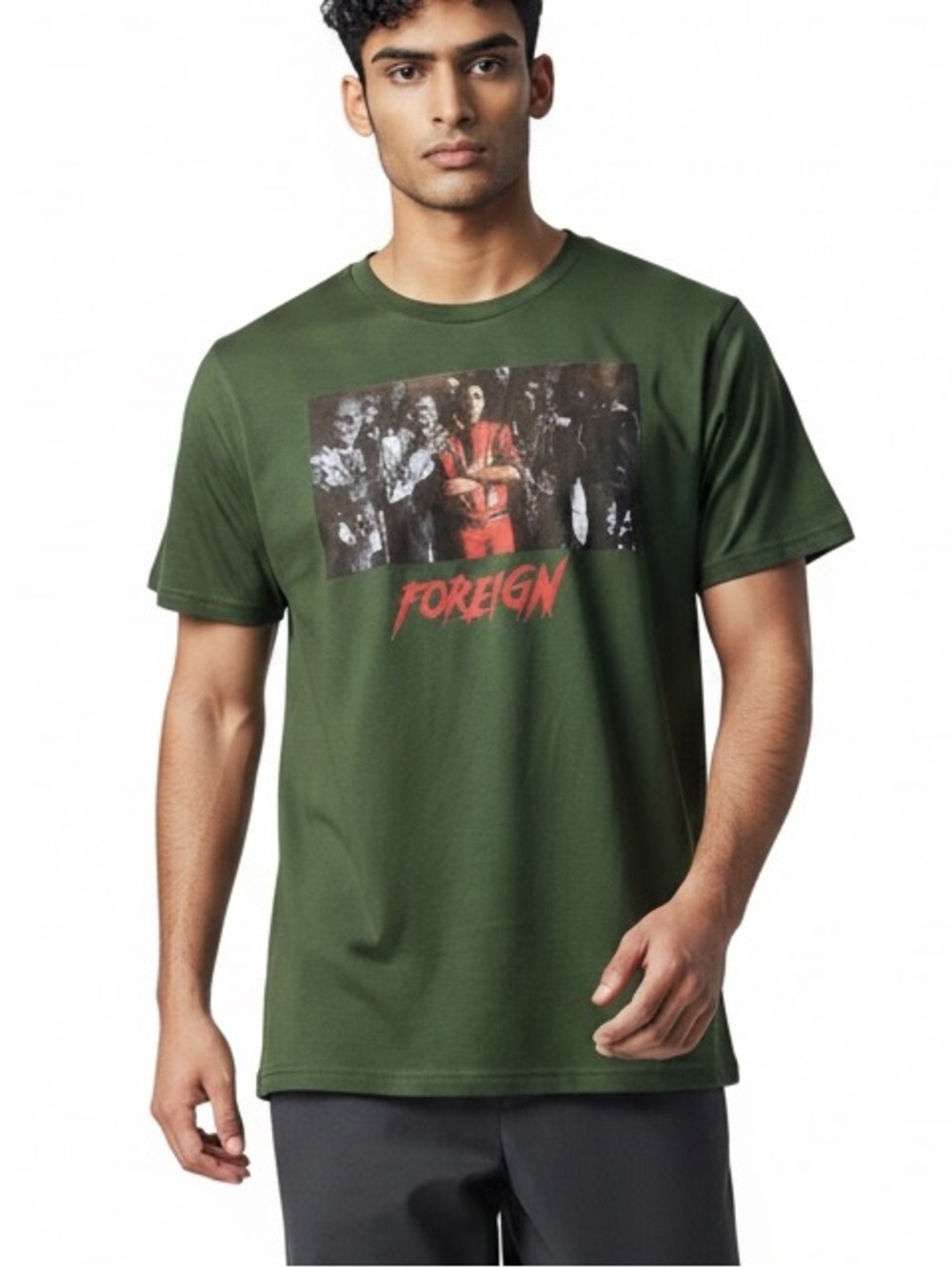Foreign NWOT Forest Green Short Sleeve Tee with Red Graphic